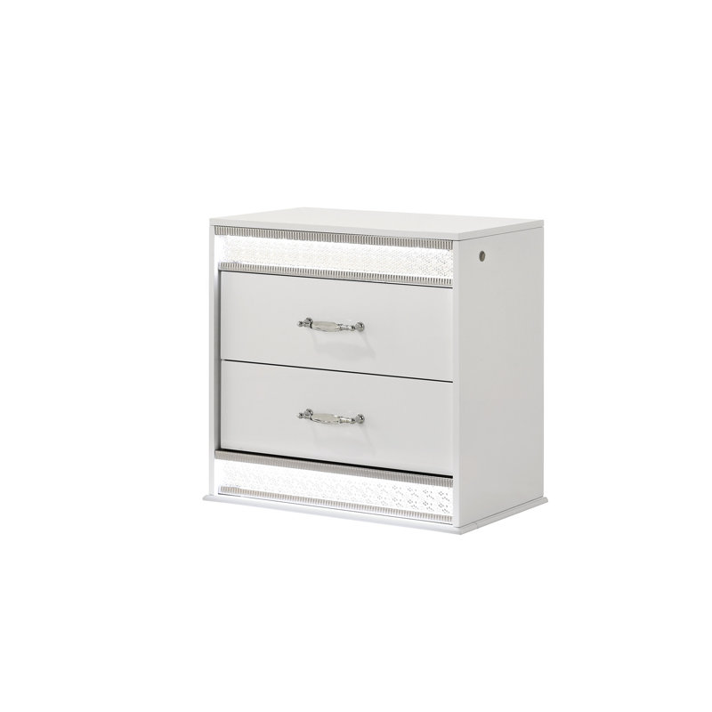 Table de chevet glamour avec 2 tiroirs spacieux en blanc et éclairage à DEL 2 laqués élégants
