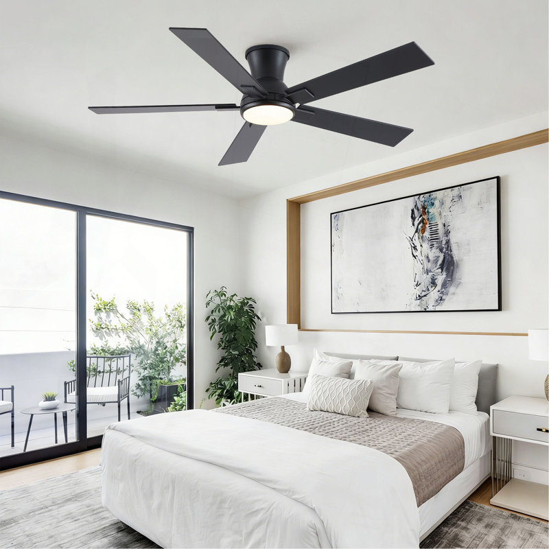 52" Matte Black Modern Low Profile Flush Mount Intergrated LED Ceiling Fan with Light and Reversible Quiet Motor, Matte Black
