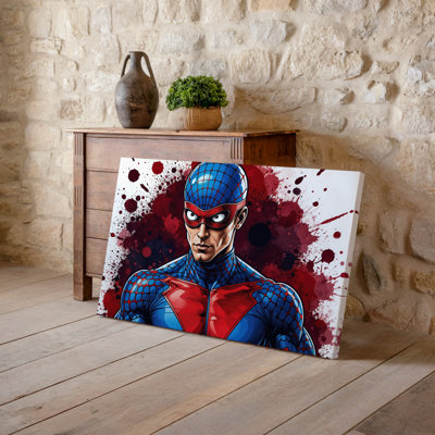 Toile, un portrait de super-héros dynamique mettant en vedette un personnage dans un art mural rouge et bleu avec un motif de toile