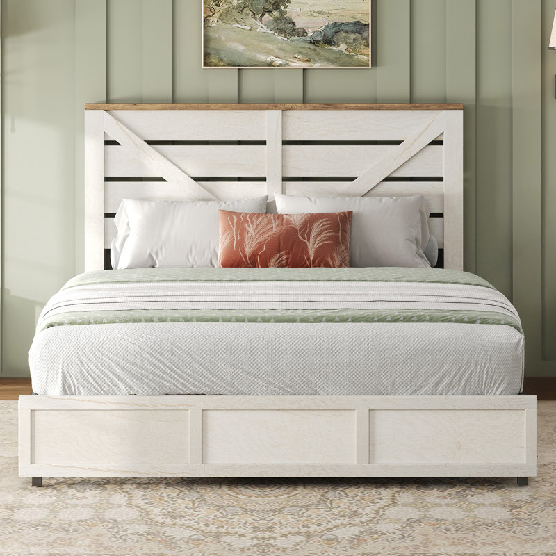  Grand lit plateforme avec porte de grange Revan Farmhouse, Blanc, Grand lit