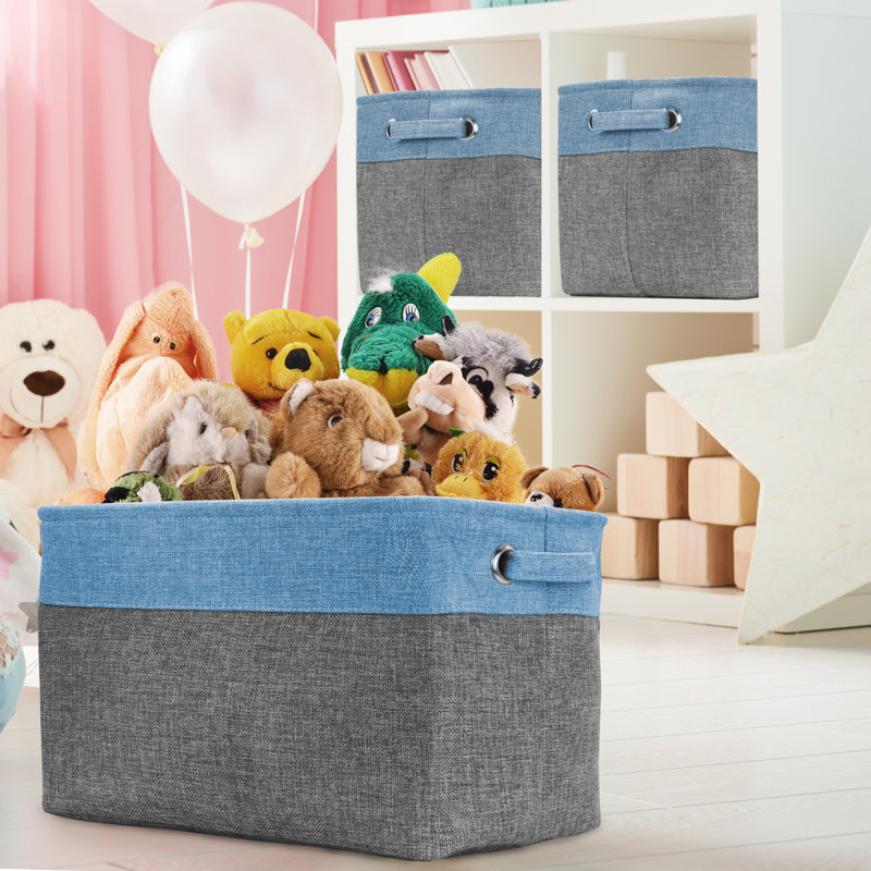 Aqua and Gray Fabric Collapsible Storage Bins with Handles, Set of 3