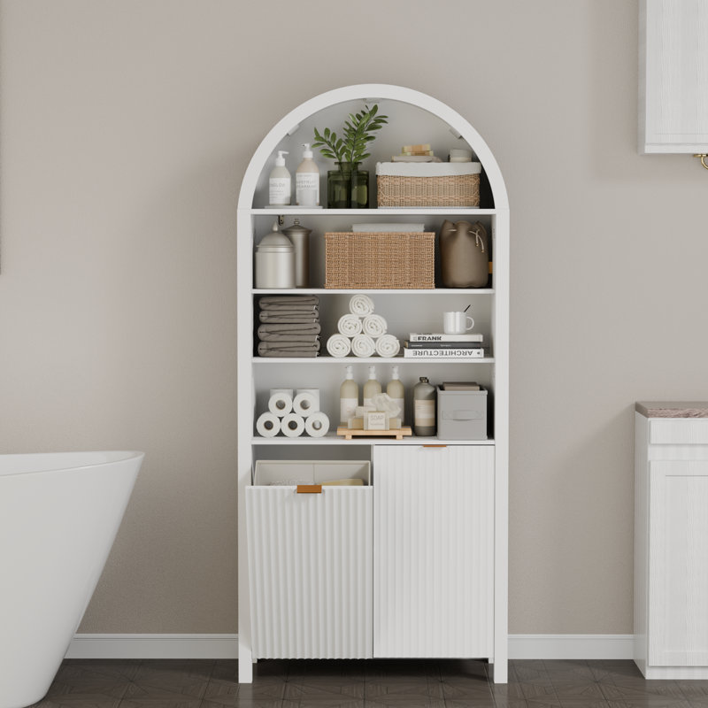 70 po de hauteur, armoire à linge à double basculement arqué 70 po, armoire à poubelle cannelée 30 gallons à 4 niveaux avec tablettes réglables, armoires de buanderie cachées avec 2 paniers pour la salle de bain, cuisine, blanc