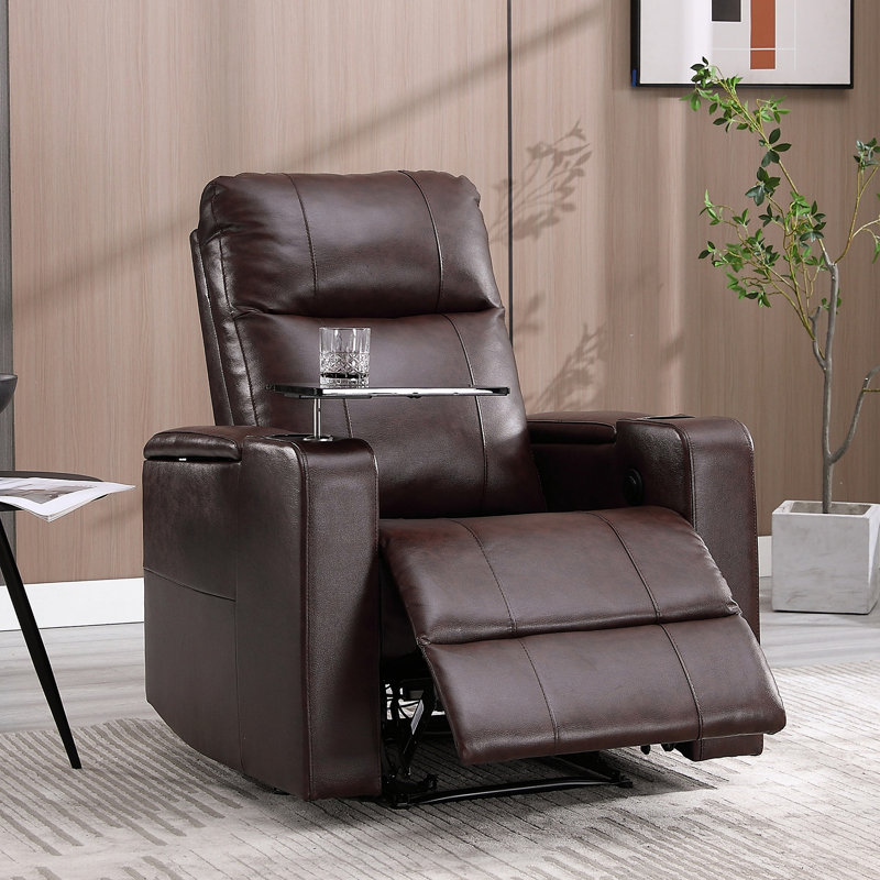 Ryun 33.1" W Faux Leather Power Recliner, Brown Pebbled Faux Leather