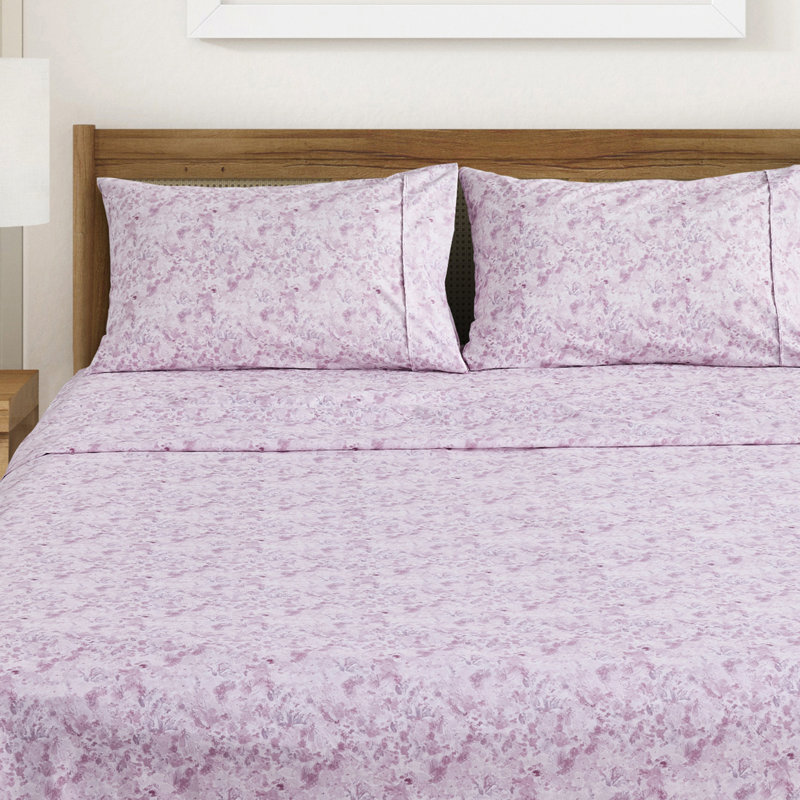 Ensemble de draps en microfibre à imprimé floral, Ensemble de draps pour lit double avec deux taies, Floral coloré - lavande