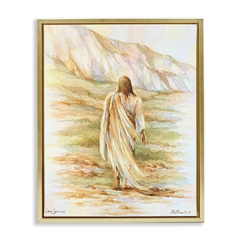 «Forty Days Jesus Walking Floater», art mural par Linda Sperruche, H 31 po x l 25 po, Cadre flottant métallique doré