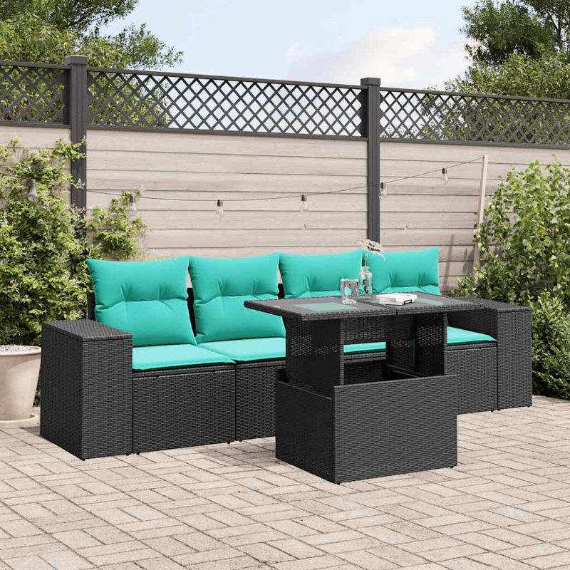 Ensemble de canapé de patio 5 pièces avec coussins en rotin de polyester, Bleu clair, Noir