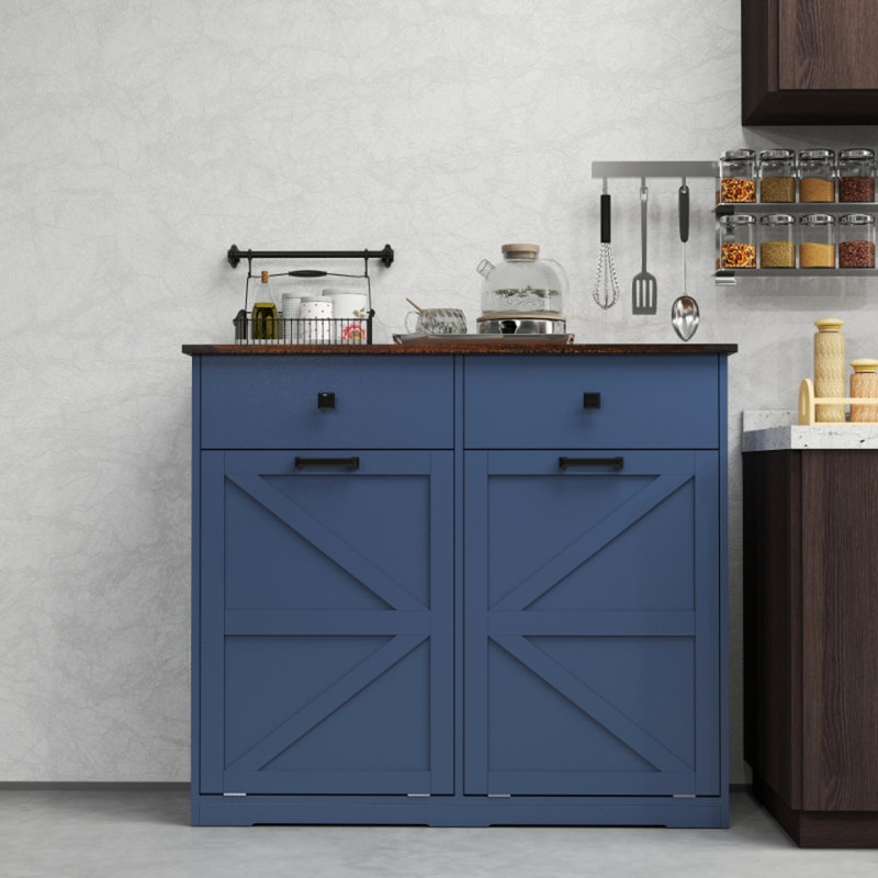 Armoire poubelle double bleue pour bacs 2 x 10 gallons, peu encombrante et bloquant les odeurs, avec tiroirs de table étanches et coulissants, capacité 20, cachée, porte de grange style 2