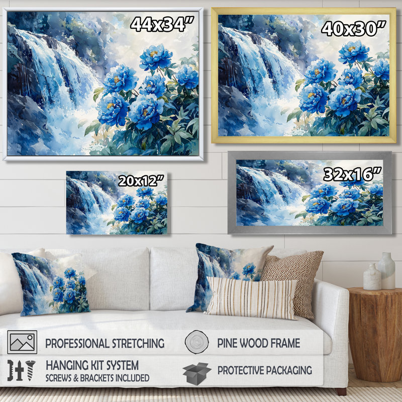 Pivoines par la chute d'eau I - Pivoines, reproduction sur toile, H 30 po x l 40 po, Noir