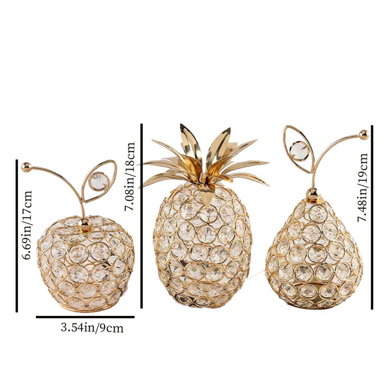 Figurine de fruits cristal en cristal, pomme, poire, ananas et tablette en métal doré