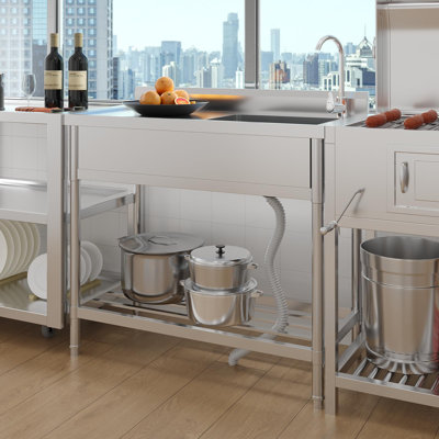 Stainless Steel Utility Sink, Freestanding Single Bowl Kitchen Sink, Pull-Out Hot & Cold Faucet, Built-in Drain Basket, Dish Rack