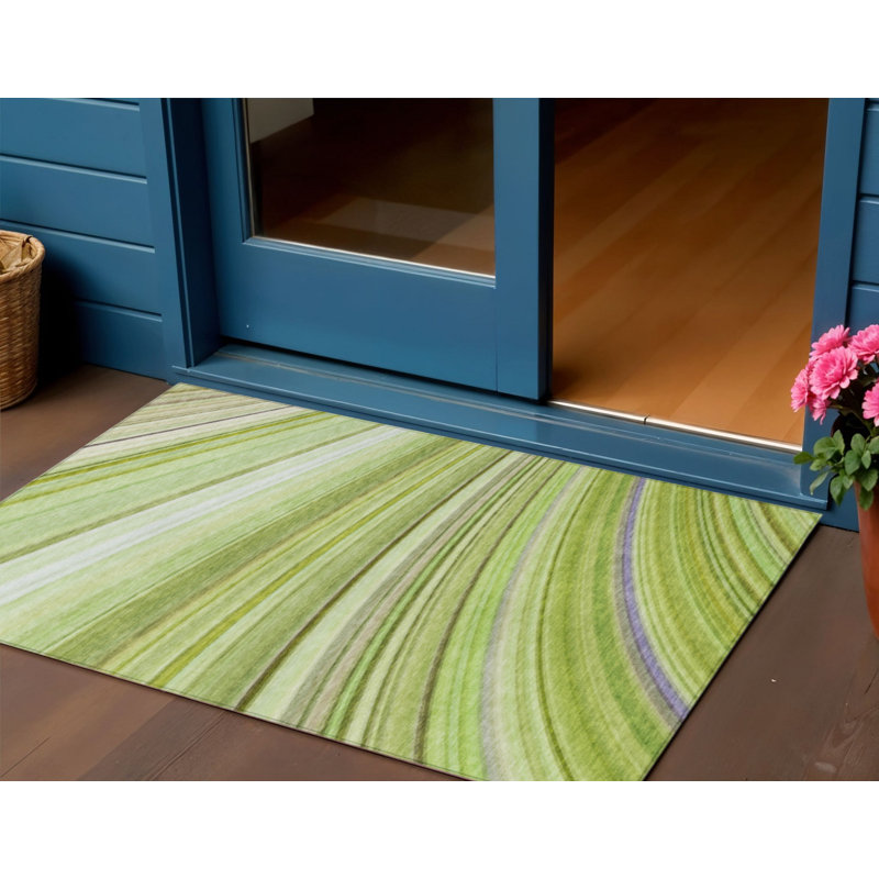 3' X 5' Artichoke Green And Olive Green Abstract Washable Indoor Outdoor Area Rug