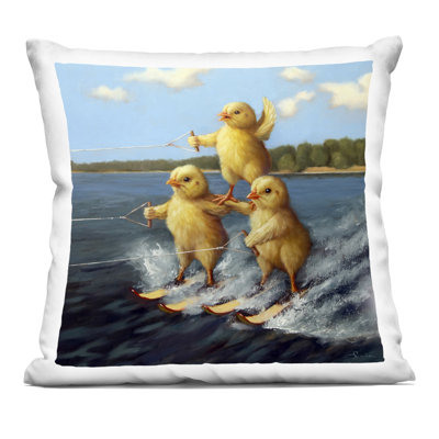 Three Chicks Waterskiing Decorative Printed Throw Pillow, design by Lucia Heffernan
