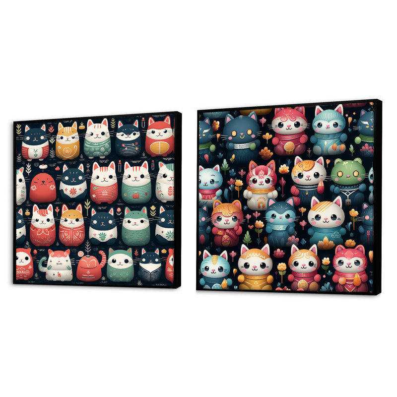 Maneki Neko, chat porte-bonheur pour enfants, ensemble de 2 collages carrés, Cadre flottant noir, H 16 po x l 33 po
