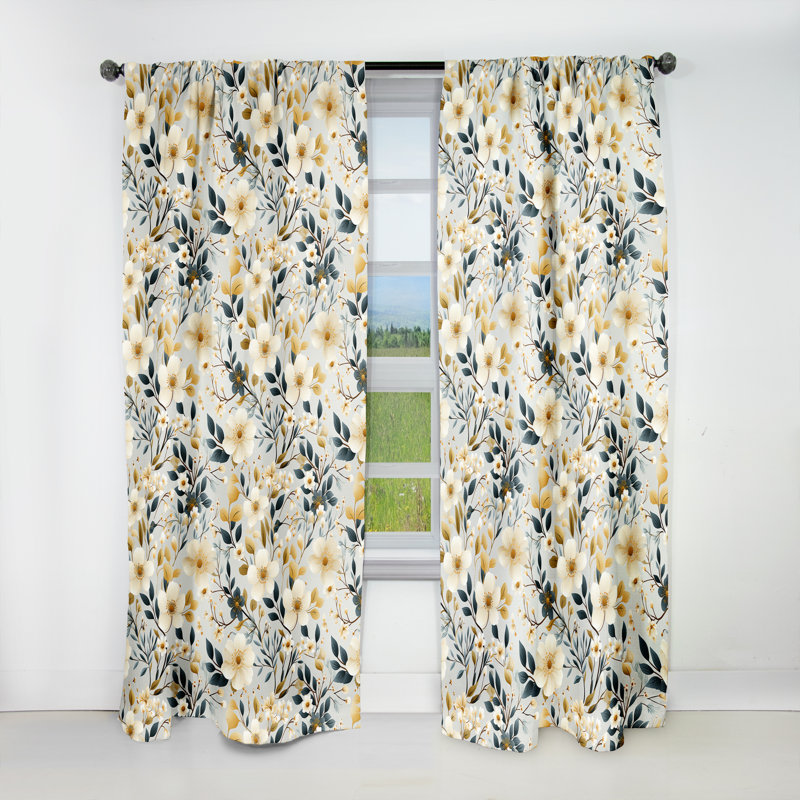 Literie florale blanche et beige minimaliste I - Panneaux de rideaux floraux, L 52 po x L 84 po