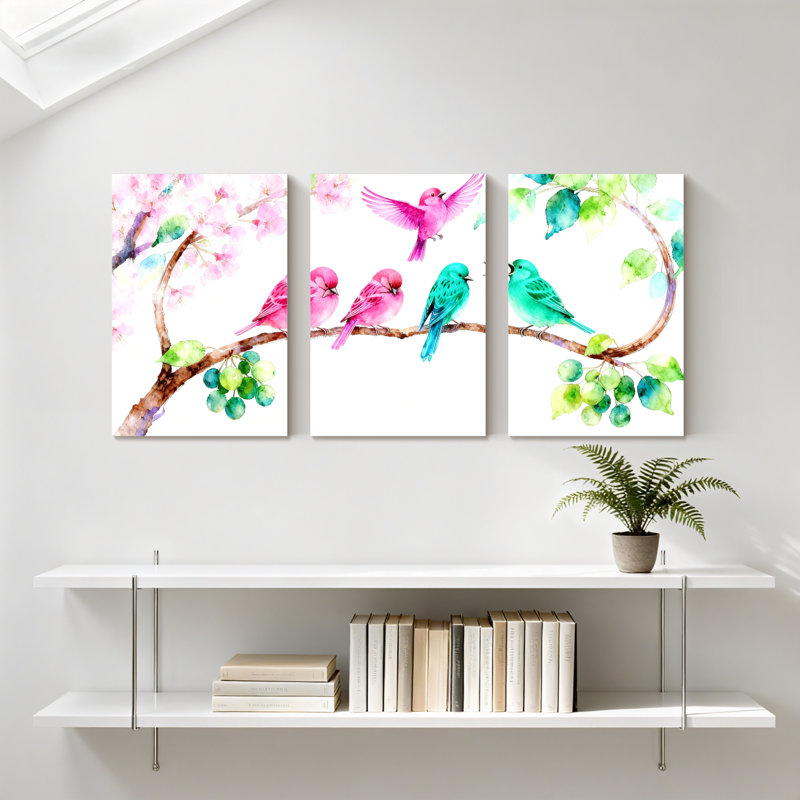 Oiseaux colorés sur des branches de fleurs avec des raisins, ensemble de 3 impressions sur toile, H 30 po x l 60 po