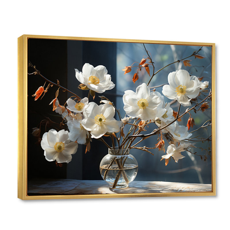 «White Yellow Dogwood Stillife», reproduction d'art sur toile, H 12 po x l 20 po x P 1 po, Cadre flottant doré