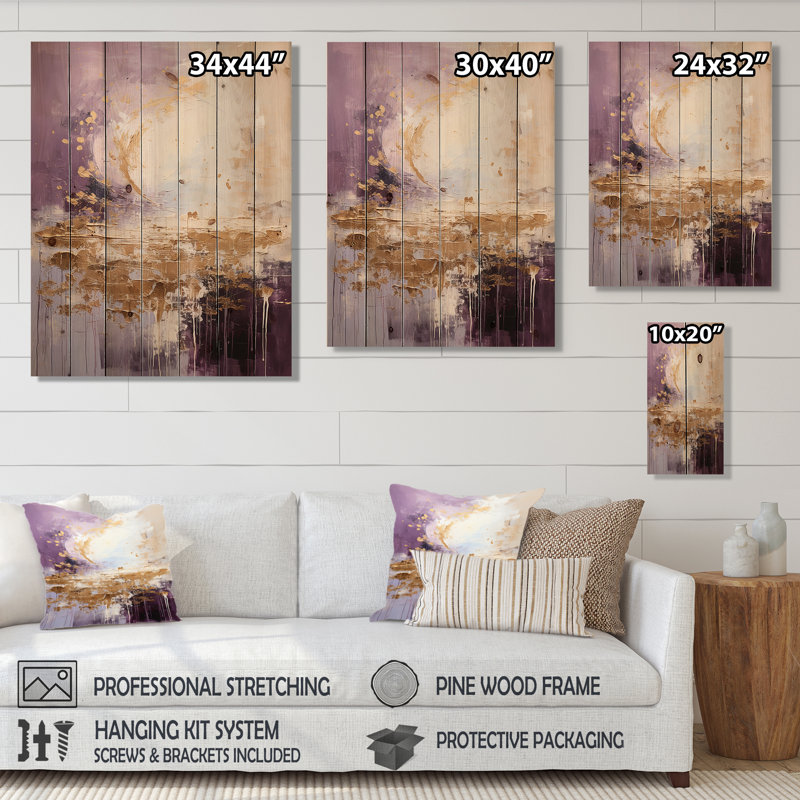 Paysage de montagne mauve et doré III - Paysage abstrait sur bois, H 40 po x l 30 po