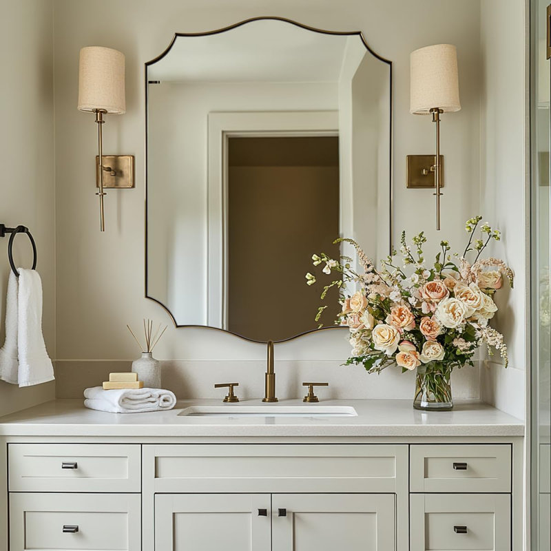 Anayalee Traditional Scalloped Rectangle Bathroom Vanity Mirror | Stainless Steel Frame, 36" x 24", Brushed Gold