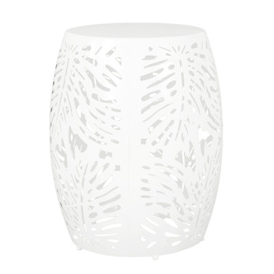 Contemporary Iron Accent Table - White With Tropical Leaf Design, 16.6In Width X 20.3In Height, Instant Setup Modern Side In Frame, 16.6 W 20.3 H, No Assembly Required