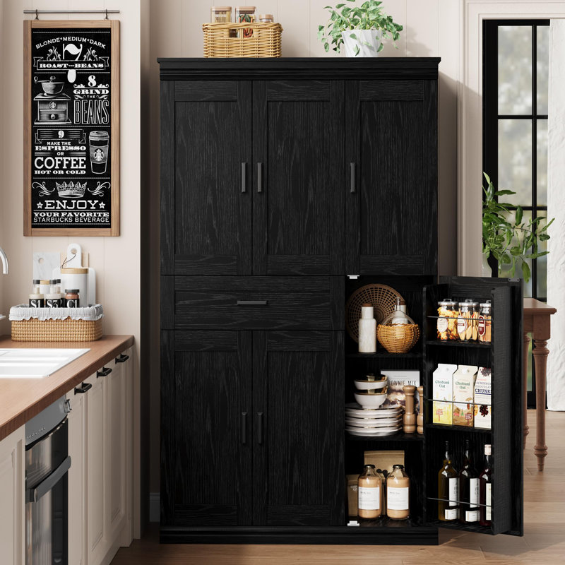 70 po de hauteur, armoire de rangement pour garde-manger, armoire de cuisine moderne avec portes et tablettes, Noir mat
