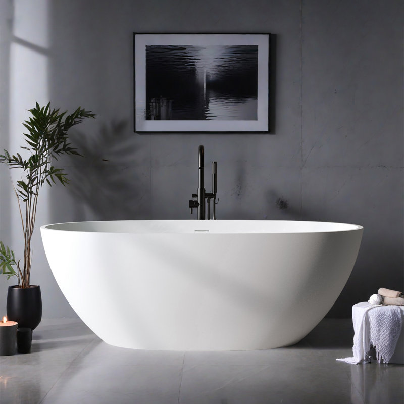 59'' Solid Surface Matte Tub, Solid Surface Soaking Tub, Stone Resin Freestanding Bathtub, Thick Edge Stand Alone Tubs With Overflow, Pop-up Drain, Matte White (oval)