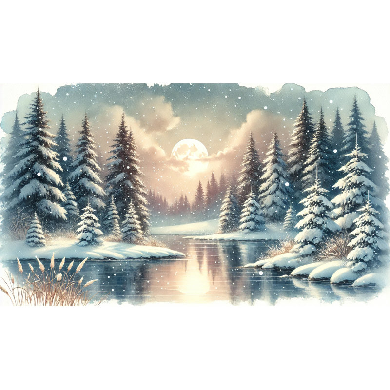 Moonlit Serenity: Winter Lakeside Canvas Print, 24" H x 24" W