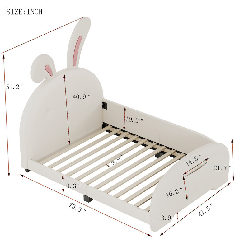 Lit princesse simple tapissier avec oreilles de lapin, lit plateforme avec tête de lit et pied de lit pour enfants, Blanc