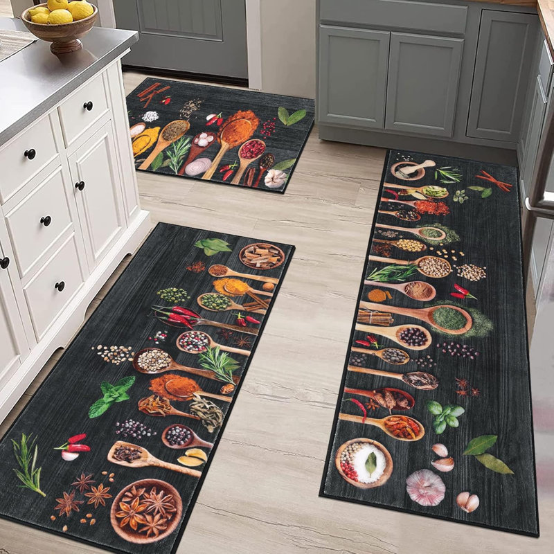 Farmhouse Non Slip Washable Kitchen Mats (Set of 3), Black