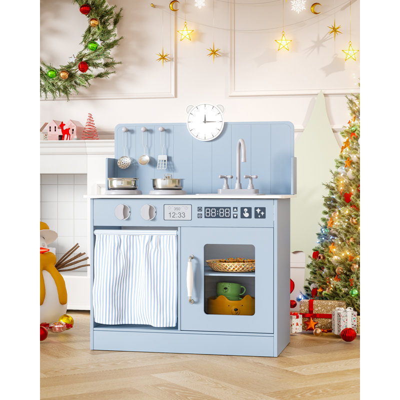 Kids Kitchen Playset With Ample Storage, Interactive Play Kitchen With Simulated Gas Tray, Sink, Faucet, 6 Pcs Cookware, Educational Clock For Toddlers(Blue)
