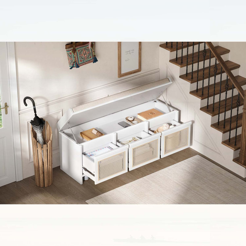 Banc pour chaussures rétro avec tiroirs en rotin et coussin touffeté à boutons, White