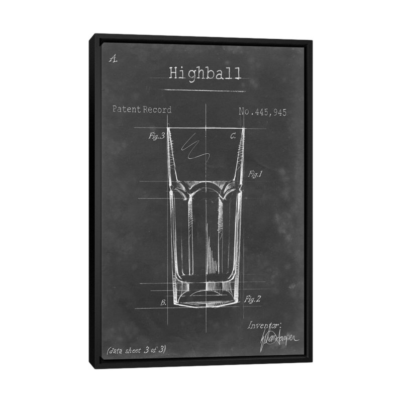 «Barware Blueprint II», impression sur toile, H 26 po x l 18 po x P 1,5 po, Toile avec cadre noir, Pas de tapis