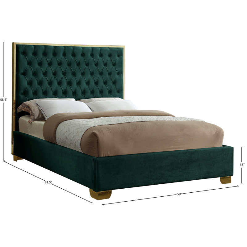 Spadaro Upholstered Platform Bed, Green Velvet, Gold, Full