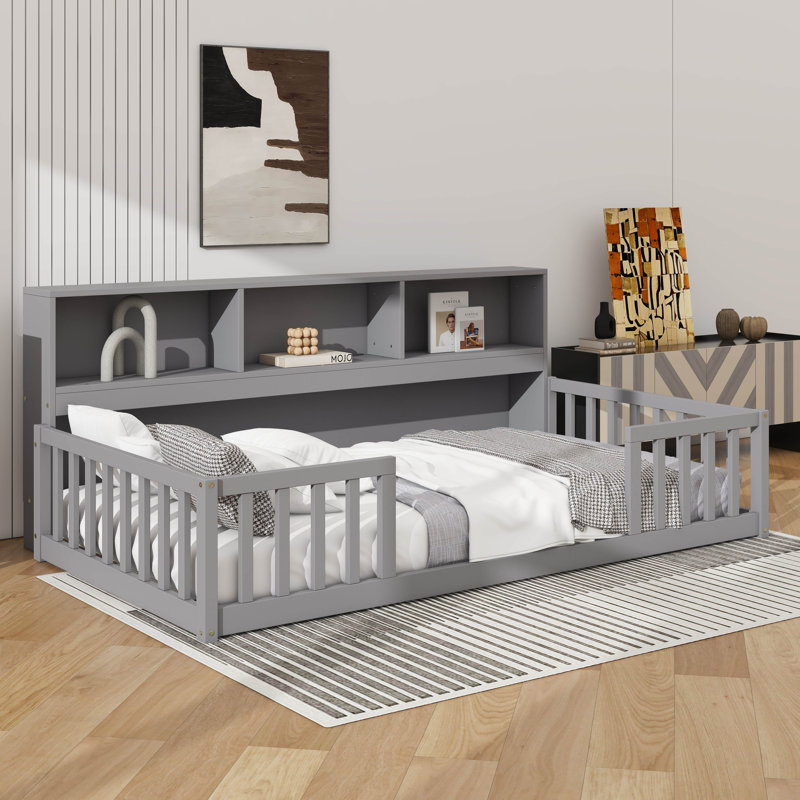 Lit simple simple avec tablettes de chevet intégrées et compartiments multiples, gris