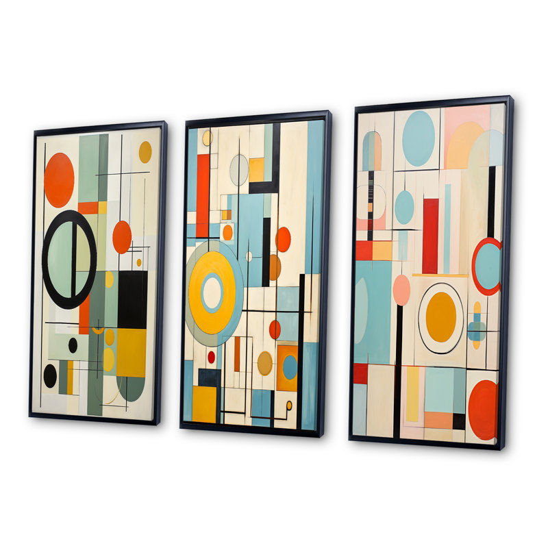«Colorful Mid Century Mod Geometrics», 3 pièces sur toile, Cadre flottant noir, H 28 po x l 36 po