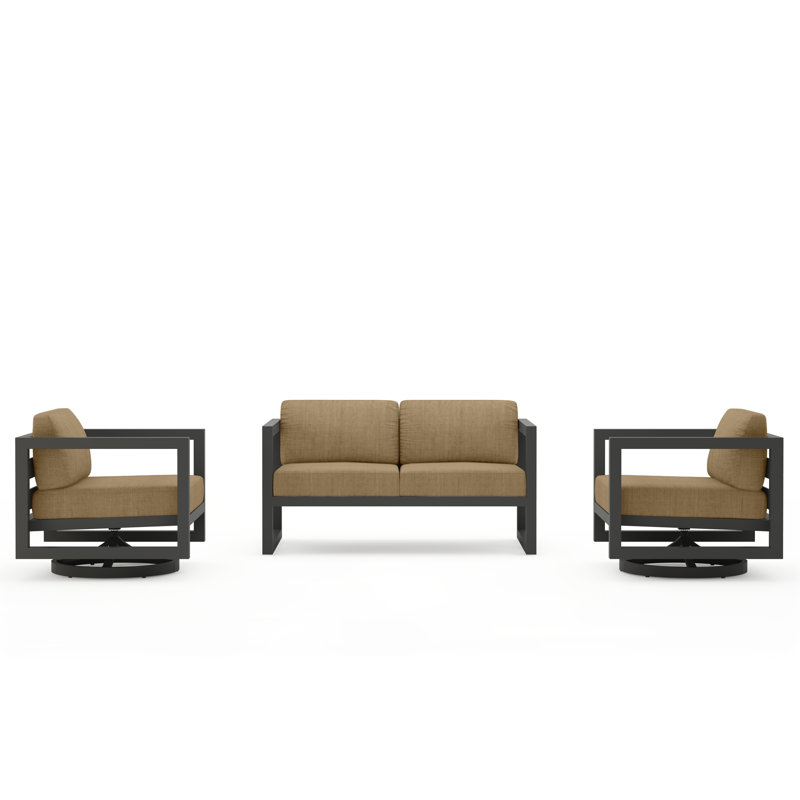 Avion 3 Piece Loveseat Set With Swivel, Slate, Canvas Heather Beige Sunbrella® Canvas