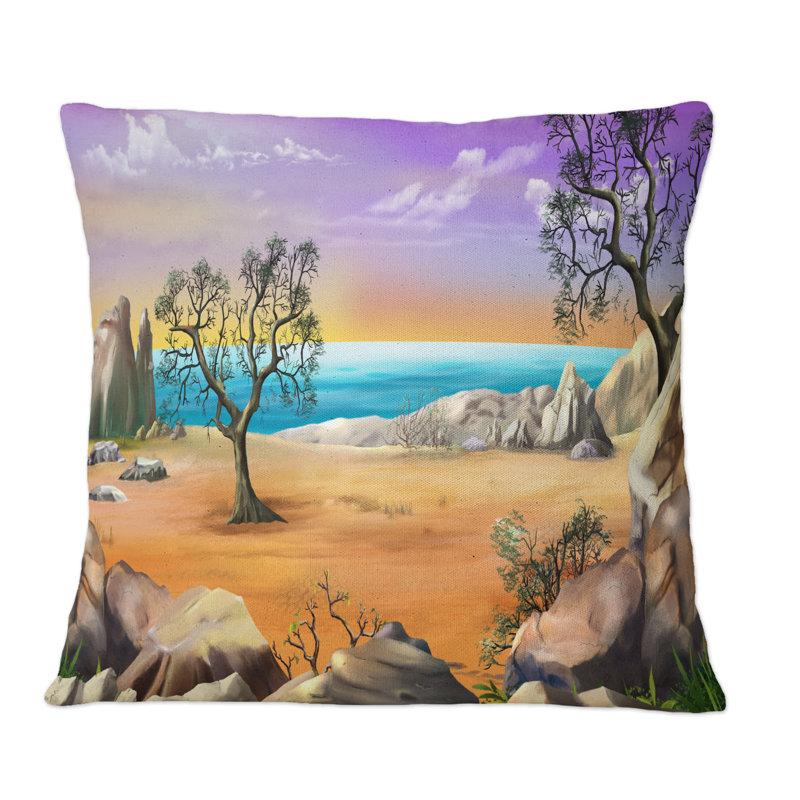Coussin Rocky Shore With Lonely Tree And Rainbow Horizon, 16 po x 16 po