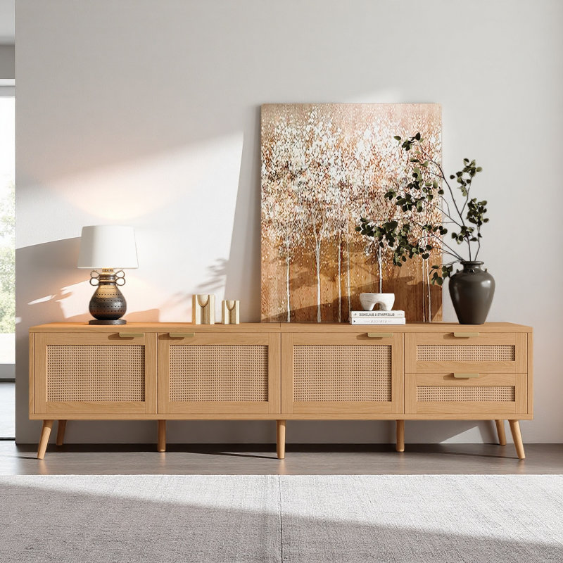 70.87Inch Modern TV Stand With Rattan Doors For Tvs Up To 80", Media Console With Storage Space