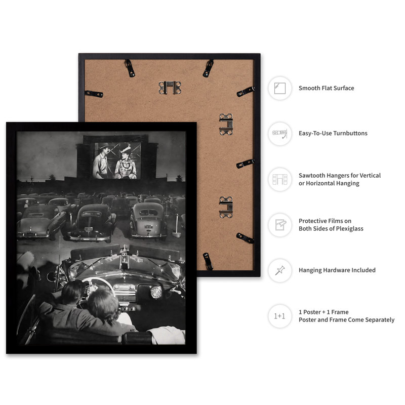 Drive in Movie Theatre, Black Framed, Poster, 11"H x 14"W