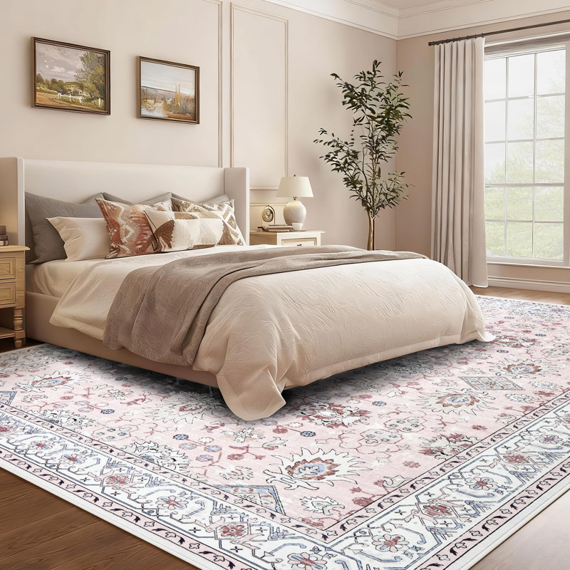9x12 Area Rug for Living Room, Washable Vintage Printed Soft Rugs, Non Slip Low Pile Carpet for Bedroom, Dining Room, Living Room, Pink