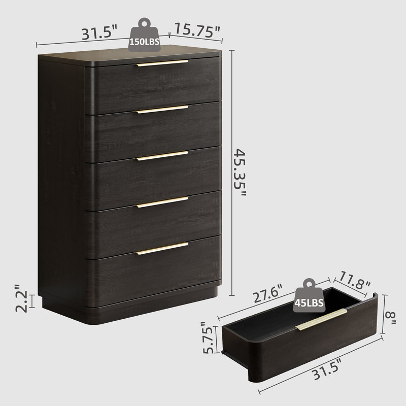 5 Dresser For Bedroom, Wooden Closet Chest Storage For Living Room, Hallway, Entryway, Black, Black