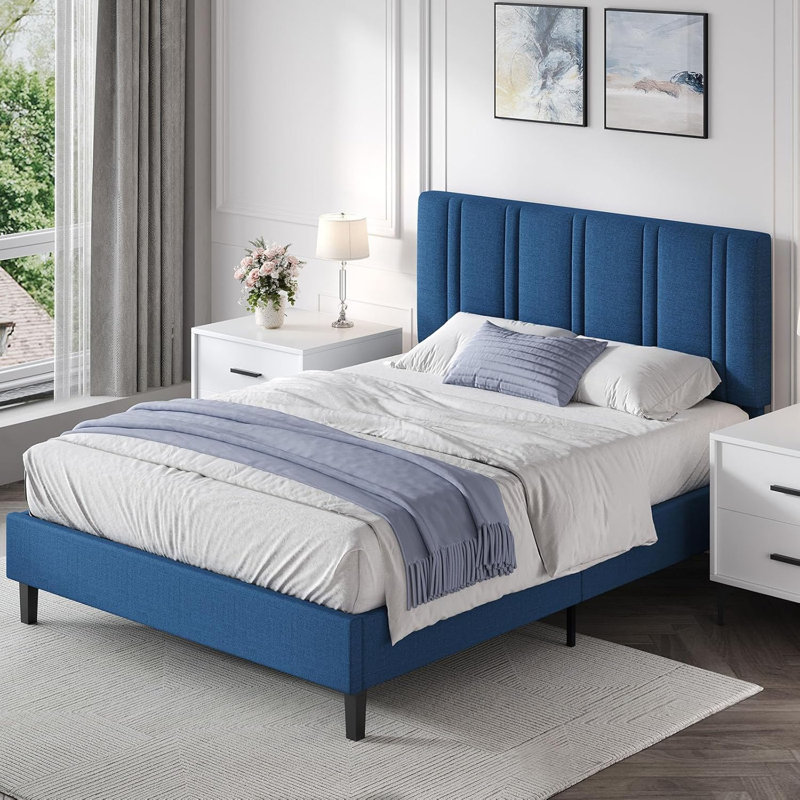 Tête de lit capitonnée, lits plateforme tapissiers avec support en lattes de bois, structure de lit en tissu, Bleu, Grand