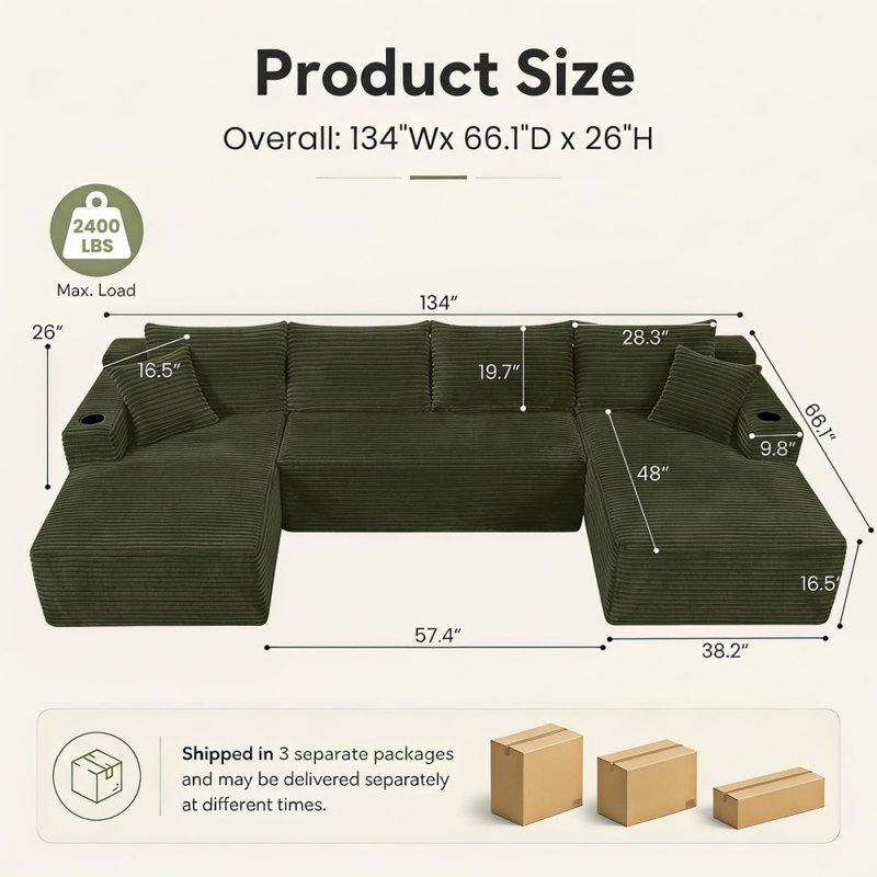 Canapé d'angle modulaire 5 places en forme de U, en velours côtelé vert, 340 cm de large, avec double méridienne, Vert