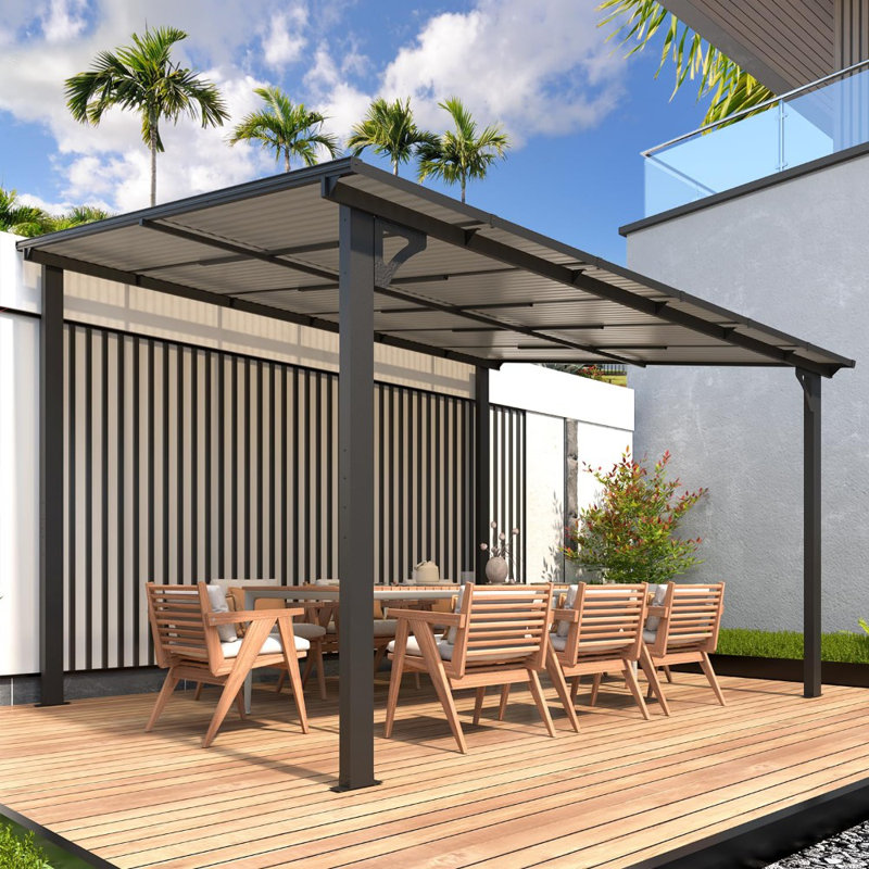 Large Hard Top Lean To Metal Gazebo With Patio Roof, 96" H x 144" W x 120" D