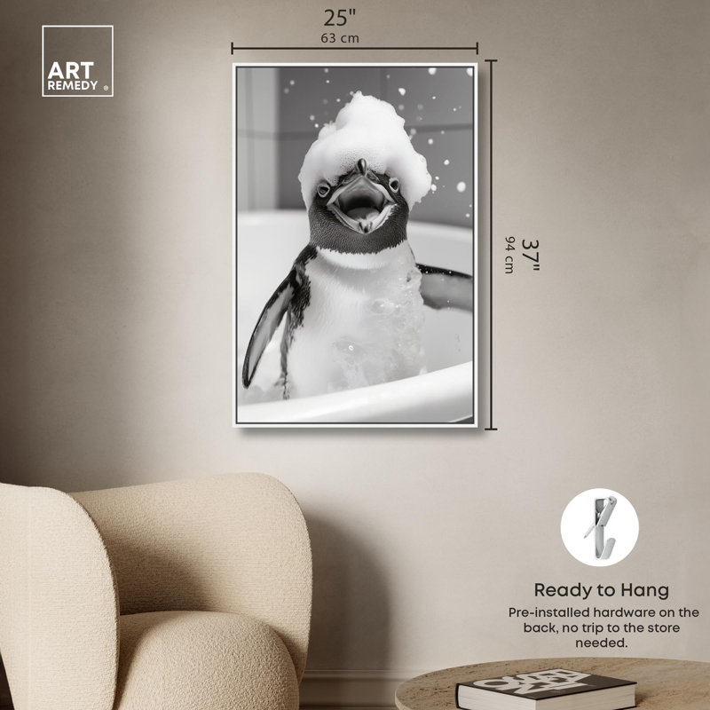 Art, art amusant, salle de bain, toile Happy Bathtime I, H 37 po x l 25 po, Cadre flottant blanc