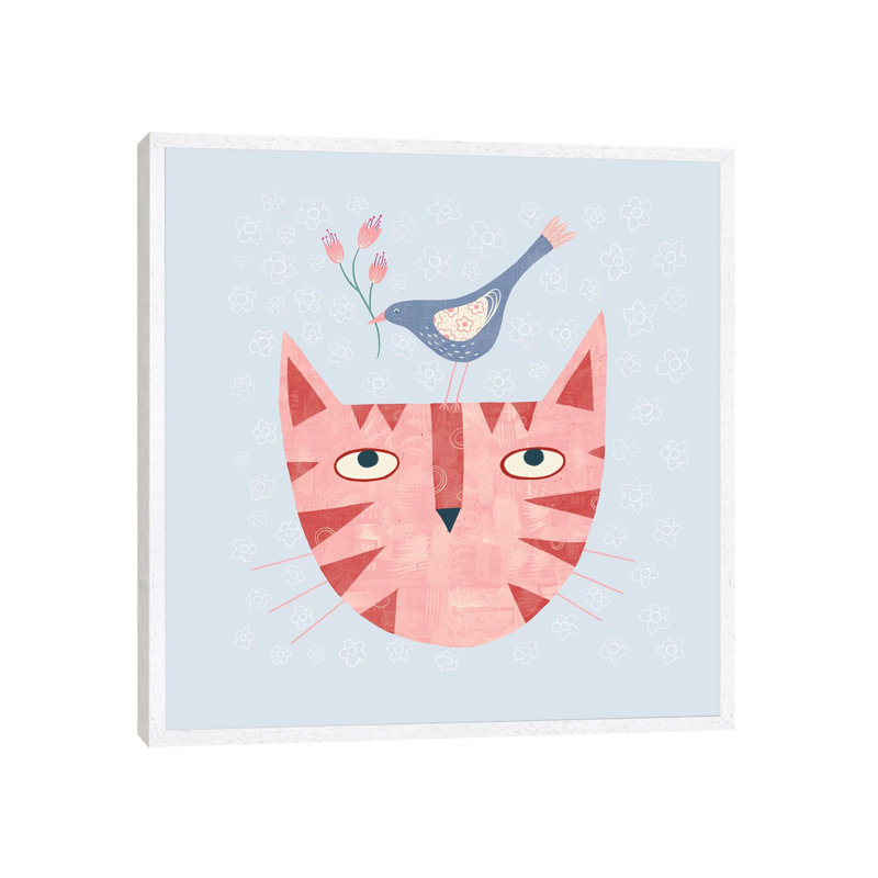 Cat Bird Flower by Nic Squirrell - Print on Canvas, White Framed, 93.98 cm H x 93.98 cm W