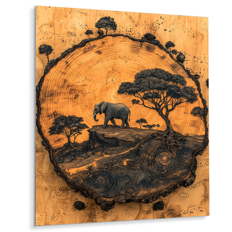 «Elephant Under The Baobab Tree Wood Slide II», reproduction d'art moderne en métal, art mural éléphant en métal