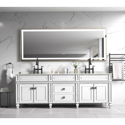 Miroir de salle de bain 118 x 36 pouces à DEL avec cadre en aluminium, miroir de meuble-lavabo mural, anti-buée, mémoire, 3 couleurs, réglable en continu