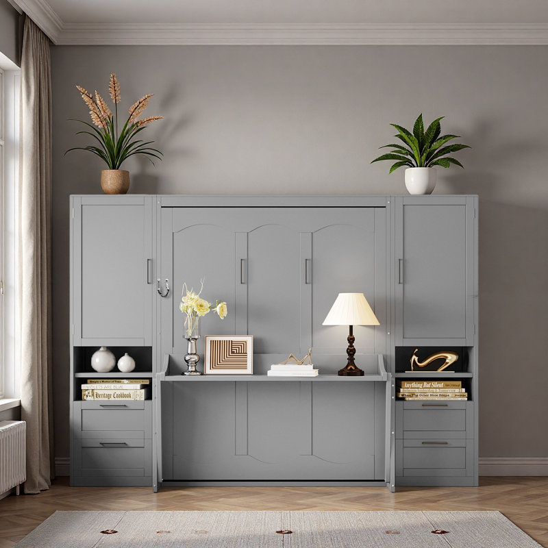 Grand lit escamotable mural avec placard, tiroirs et tablettes, Gris