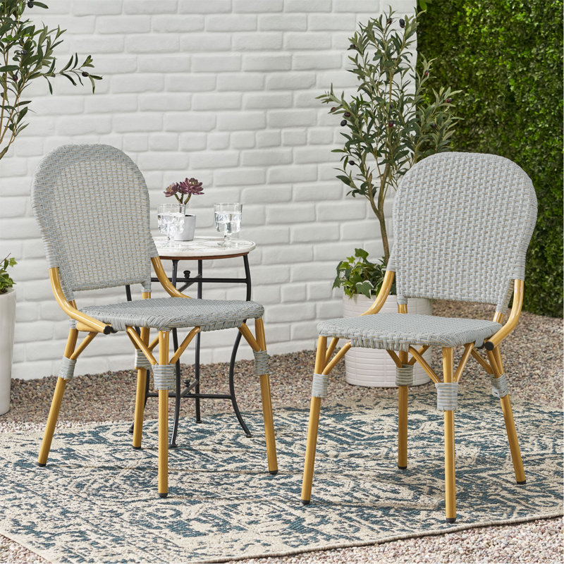 Ensemble de 2 chaises bistro d'extérieur en rotin PE et aluminium sans accoudoirs, finition grise et bambou
