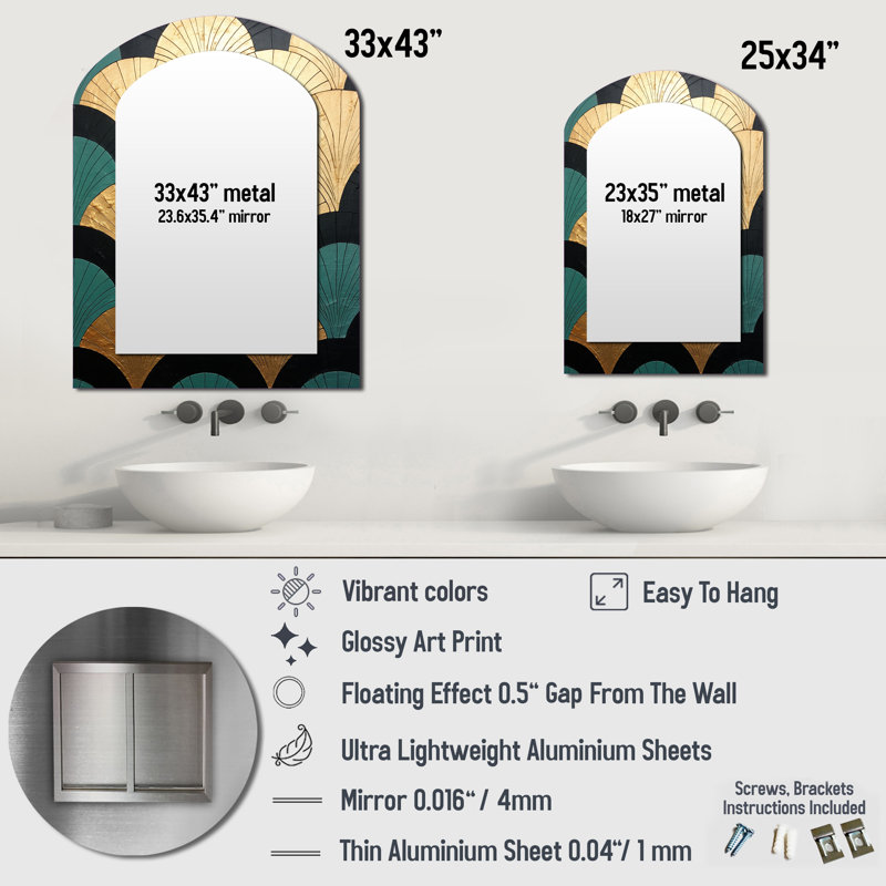 Emerald And Golden Arches - Abstract Shapes Asymmetrical Decorative Mirror, Modern Arch Wall Mirror, Printed Metal Art